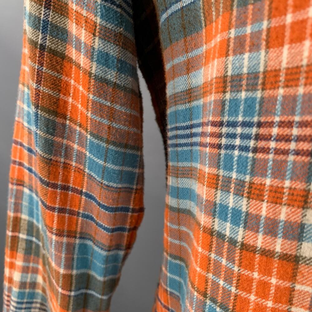 45rpm Size XL Blue Orange Plaid Cotton Curved Cutaway Flannel Long Sleeve Shirt - Picture 6 of 9